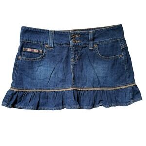 VTG Y2K LEI Denim Ruffle Mini Skirt Sz 9 Medium Low Rise Festival Western Boho